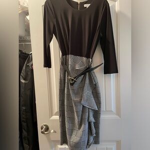 Calvin Klein, belted Business Dress, black with check skirt, size 12
